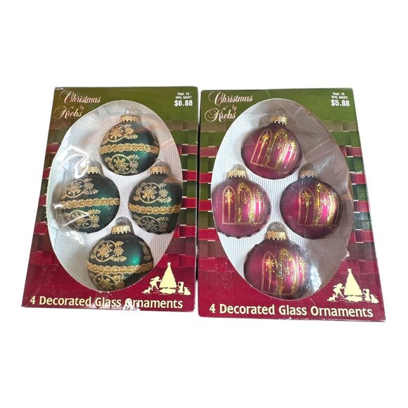 Vintage Christmas by Krebs Glass Ornaments Set Of 8 Green Red Regal Gold Designs - Picture 1 of 10
